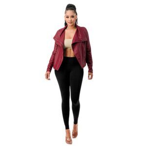 Women’s Waist-Length‎ Faux Leather Jacket – Sleek & Stylish in Burgundy